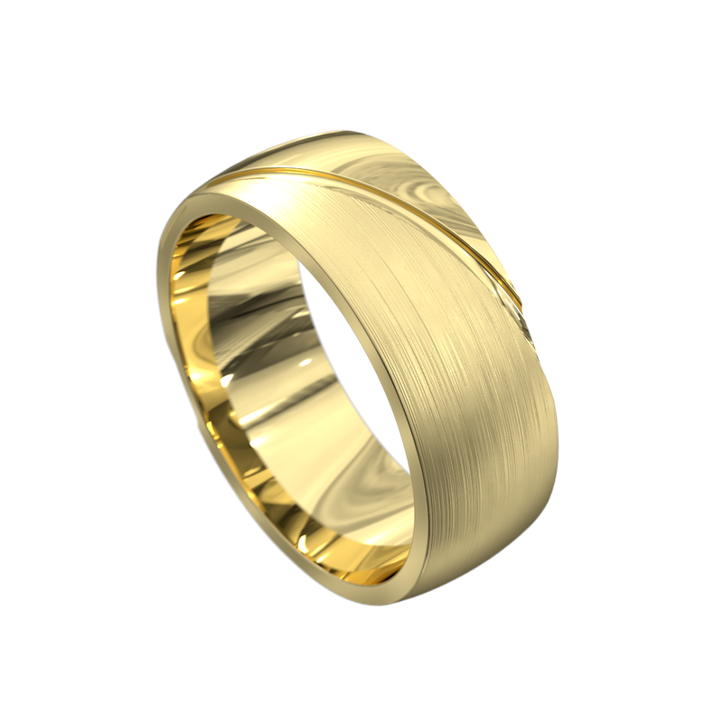 Yellow gold gents wedding ring, half brushed finish, half polished finish